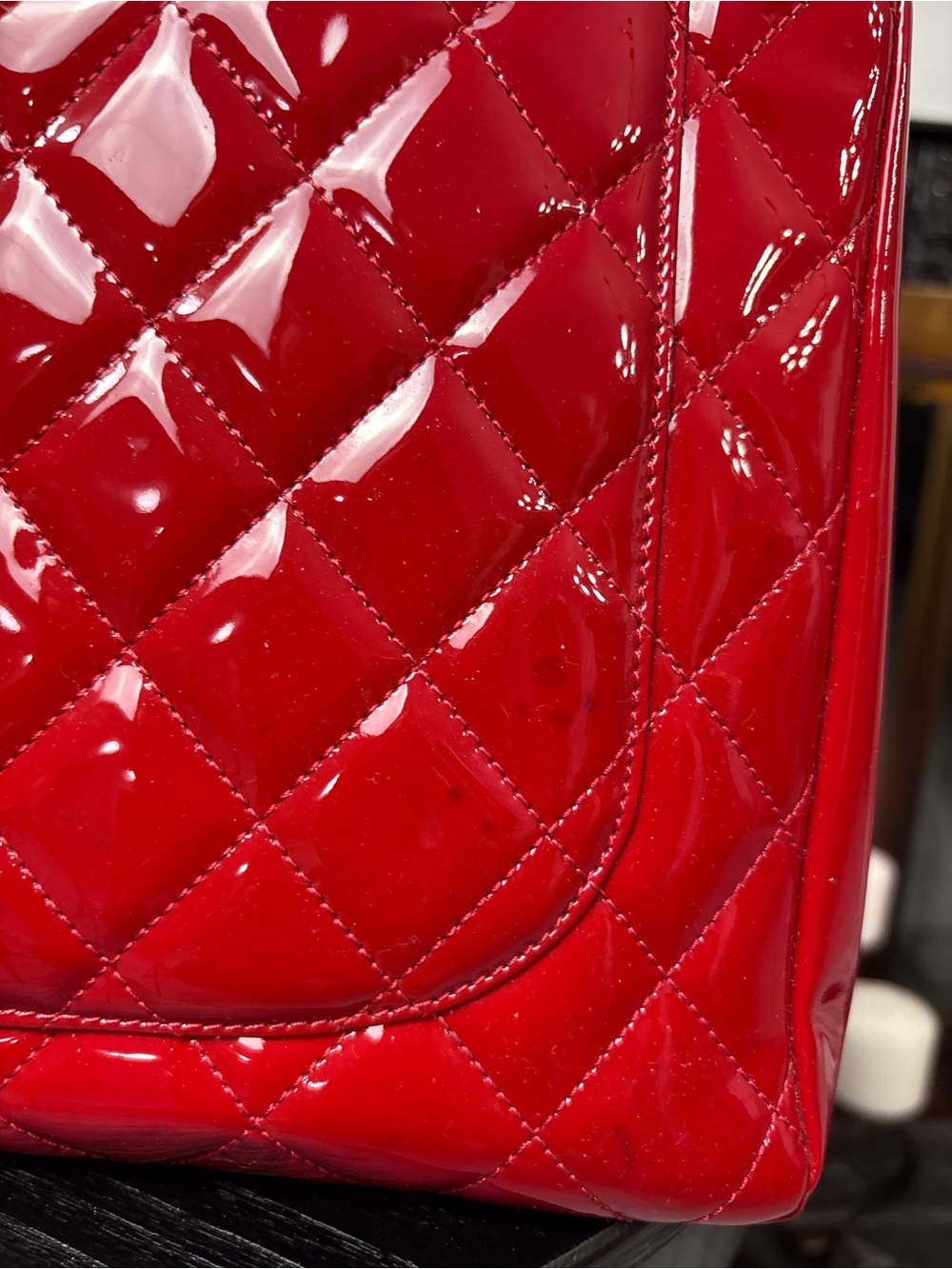 CHANEL Red Quilted Patent Leather Grand Shopping Tote with Double-C Logo - Picture 5 of 15